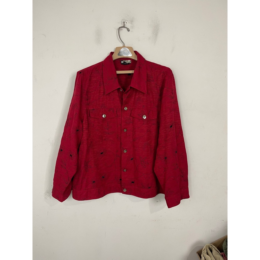 Carole Little Woman Red 100% Silk Floral Embroidered Button Front Jacket 2X